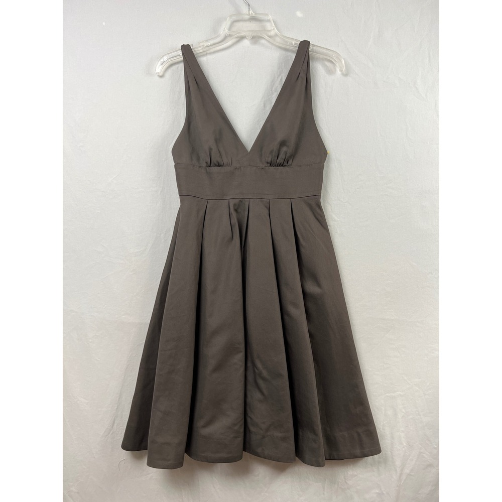 J.Crew Pleated V-Neck Dress Womens P2 Brown Cotton Empire Waist Poplin Preppy